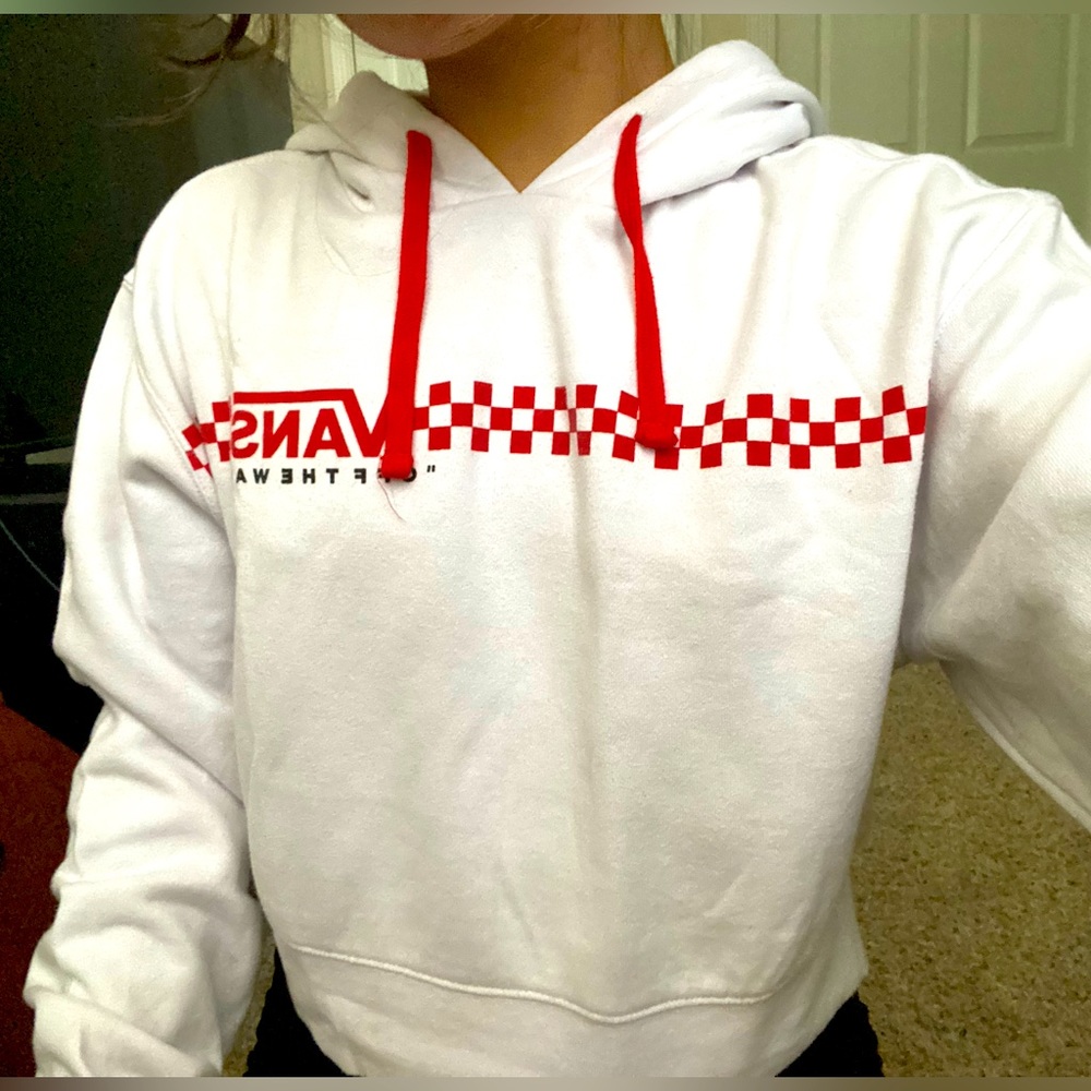 Vans Cropped Red Checker Logo Hoodie White Size S